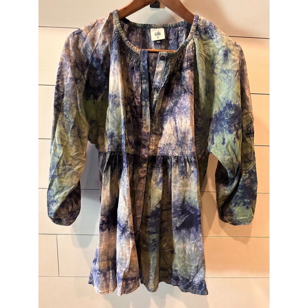 Cabi Tie Dye Tunic Top Blue Green Smocked Empire Waist Peplum Blouse XS